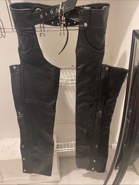 Black Men's Leather Motorcycle Chaps with Braided Trim